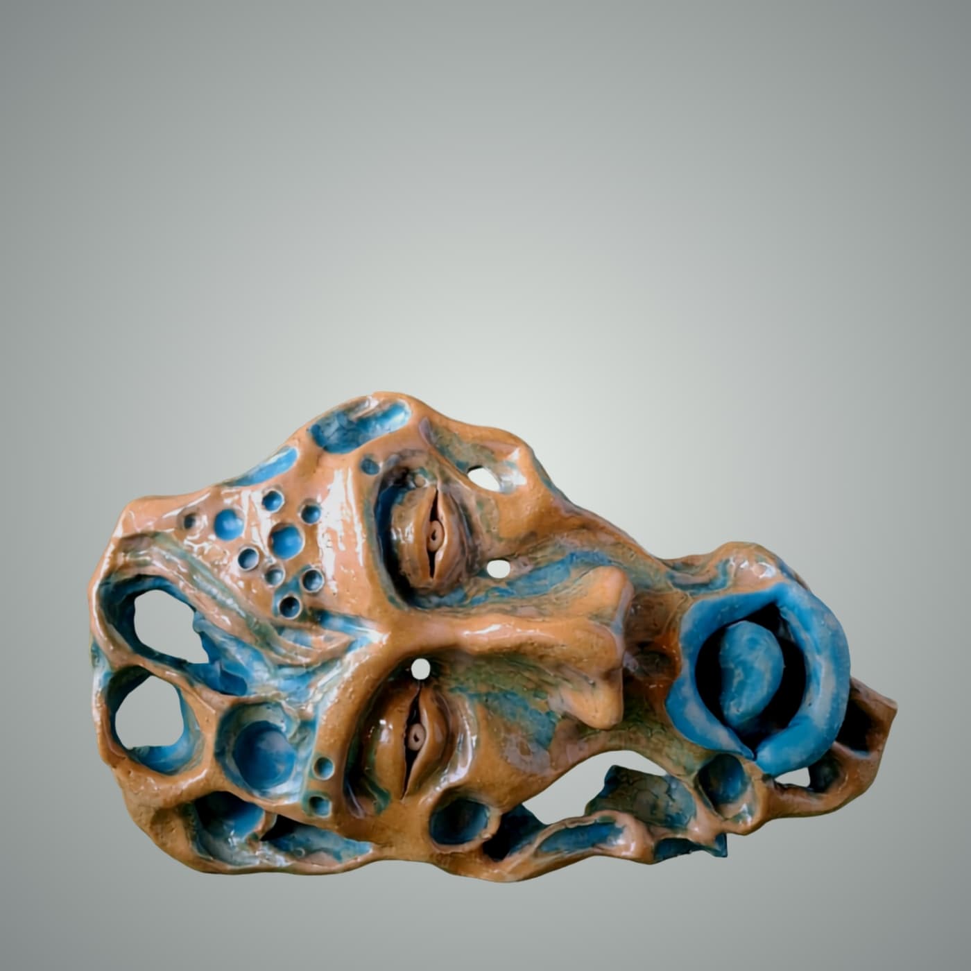 Handbuilt stoneware wall piece, 24x14cm. A nature spirit and guardian - intuitive ceramic sculpture with blue glaze by ceramist Przemysław Gołębiewski, Berlin. One of a kind.