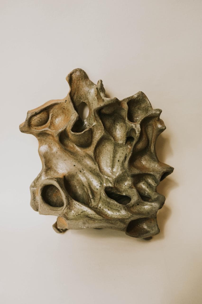Handbuilt stoneware wall sculpture fired in a wood kiln without glaze. Ash and flame finish. Unique piece by ceramist Przemysław Gołębiewski, Berlin. Air plant compatible.